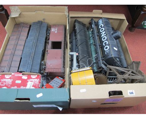 Ten 'G' Gauge Unboxed Items of Rolling Stock, five Bachmann Pipe Wagons, Tank Wagon, a Cattle Wagon and two Box Cars by Delto