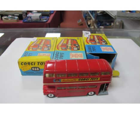 Three Boxed Corgi #468 Diecast Model London Transport Routemaster Buses, red liveries 'Naturally Corgi Toys', chipping /rubbi