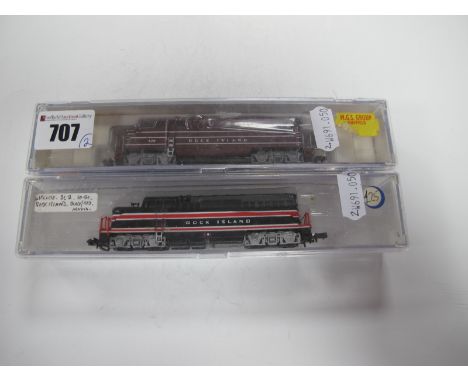 Two Life-Like 'N' Gauge U.S.A Outline Cased "BL2" Diesel Locomotives, "Rock Island" livery, item No's 7625 and 7912, both ver