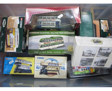 Eleven Diecast Model Trams by Corgi, Atlas Editions and Other, including Corgi #97262 double decker tram Blackpool, #36802 Le