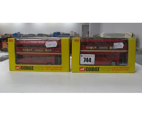 Two Boxed Corgi #468 London Transport Routemaster Buses, Red, 'Outspan', small chips/rubbing to paint work, wear to boxes.