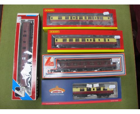 Five "OO" Gauge Coaches by Hornby, Bachmann, Lima, including Hornby #R4707 BR MKI corridor brake 2nd Class coach, Backmann 34