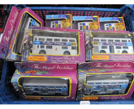 Eight Matchbox Diecast Model Double Decker Buses, comprising of three Super kings K-15 'Silver Jubilee 1977' and five 'The Ro