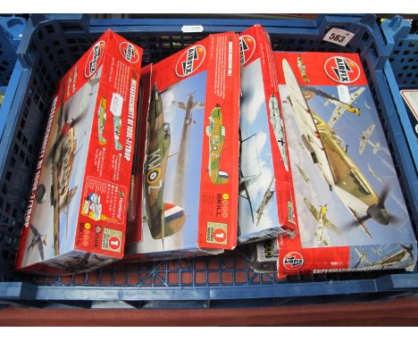 Five Airfix 1:72 Scale Plastic Model Military Aircraft Kits, including #A02062 Messerschmitt BF 109E-7/Trop, all unstarted, b