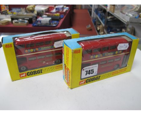 Two Boxed Corgi #468 London Transport Routemaster Buses, Red 'Outspan', small chips/rubbing to paint work, wear and slight cr