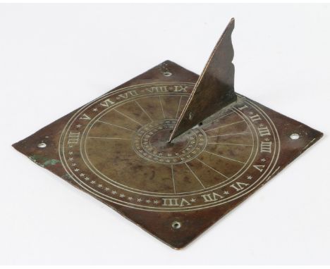 Having a square plate, engraved with a Roman numeral hour scale, a solid gnomon with ogee-profiled vertical edge, 11.7 x 11.7