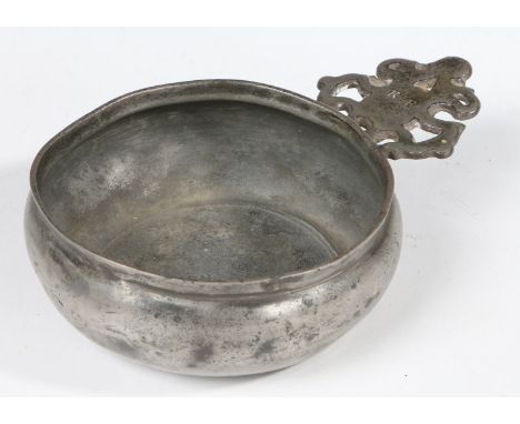 Having a flat base bellied bowl, an Old-English ear with triangular bracket and stamped ownership initials 'K H', apparently 
