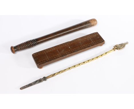 Of typical turned form, with ribbed handle, length 38cm; together with a stained beech cribbage board and a brass poker with 