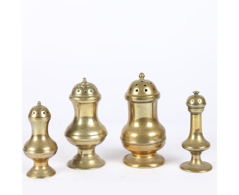 Each of baluster form, one with a particularly elongated body,  finial topped domed pierced lids, the tallest 14cm, (4).