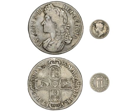 James II, Crown, 1688, second bust, edge qvarto, Twopence, 1686 (S 3407, 3416) [2]. Varied state £80-£100  ---  Provenance: F