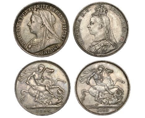 Victoria, Crowns (2), 1888 narrow date, 1896 edge lix (S 3921, 3937) [2]. First good very fine but with obverse rim nicks, se