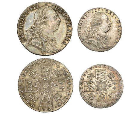 George III, Shilling, 1787, no hearts, Sixpence, 1787, hearts (S 3743, 3749) [2]. First very fine, second extremely fine £60-
