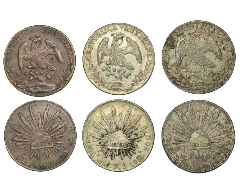 Mexico, Second Republic, 8 Réales (3), 1881 SB, Guanajuato (Dunigan/Parker Go62; KM. 377.8); 1888 FZ, Zacatecas (Dunigan/Park