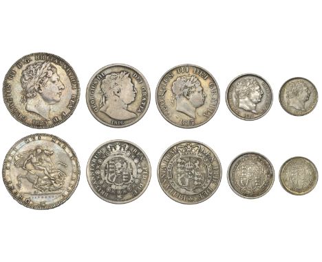 George III, Crown, 1820, edge lx, Halfcrowns (2), 1816, 1817 type II, Shilling, 1817, Sixpence, 1816 (S 3787-91) [5]. First g