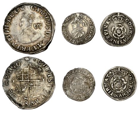 Charles I, Tower mint, Sixpence, Gp D, type 3a, mm. crown, 2.90g/12h; Halfgroats (2), Gp A, type 1, mm. lis, 1.03g/11h, Gp B,