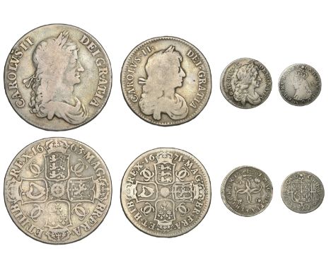 Charles II, Crown, 1663, first bust, edge xv, Halfcrown, 1671, third bust variety, edge vicesimo tertio, Fourpence, 1681, Two