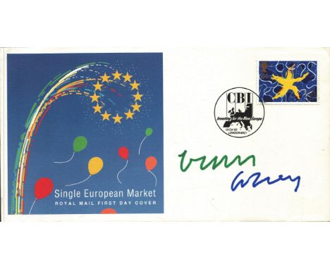 David Hockney, artist. A signed (in green and blue ink) 1992 Single European Market FDC. The stamp was designed by Hockney, c