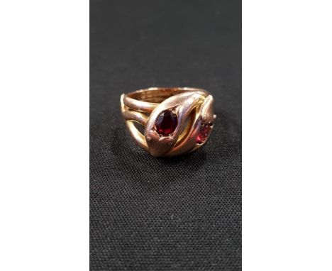 9 CARAT GOLD SNAKE RING WITH RUBY AND GARNET 5.6G