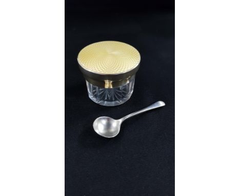1 X RARE SILVER ASPREY AND  CO SPOON (1911) AND 1 X ASPREY AND CO SILVER AND YELLOW GUILLOCHE ENAMEL JAR (1926) A/F