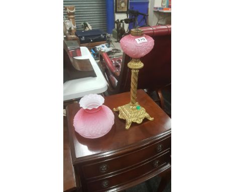 VICTORIAN LAMP WITH UMBRELLA SHADE IN RARE PINK SATIN GLASS