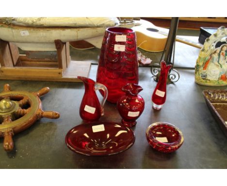 Ruby glass vase and 5 other pieces of ruby glass