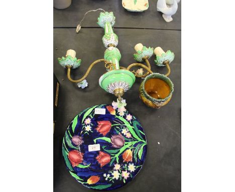 3 branch ceramic light fitting and Majolica including Maling plate