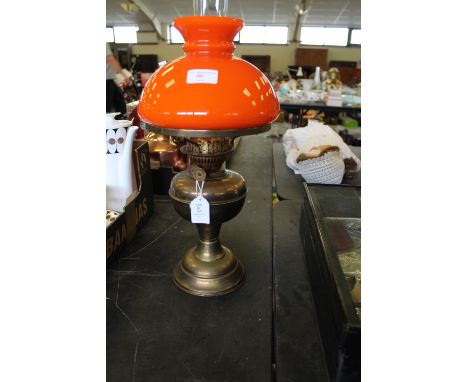 Brass Oil Lamp with Orange Glass Shade