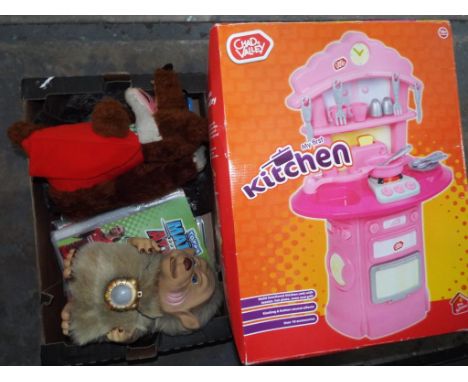 A good mixed lot of two boxes of toys to include Basil Brush toy, Chad Valley My First Kitchen, Nuts and Bolts Build-it Start