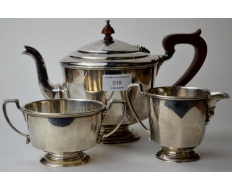 3 PIECE ART DECO BIRMINGHAM SILVER TEA SERVICE COMPRISING LIDDED TEAPOT WITH BAKELITE HANDLE &amp; FINIAL, DOUBLE HANDLED SUG
