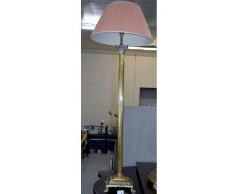 BRASS COLUMNED STANDARD LAMP ON STEPPED BASE WITH QUAD PAW FEET &amp; SHADE