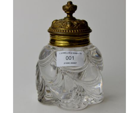 5¾" HEAVY LEAD CRYSTAL INK WELL WITH BRASS HINGED LID, ACORN FINIAL TOP & GLASS INSERT     