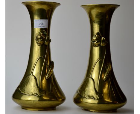 PAIR OF 10½" ART NOUVEAU HEAVY BRASS VASES WITH FLORAL DECORATION IN HIGH RELIEF     