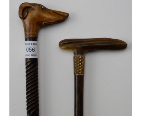 NOVELTY CARVED WOODEN WALKING STICK WITH THE HEAD FORMED AS A DOG & 1 OTHER STICK     