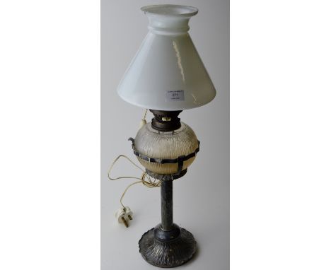 25½" ORNATE EPNS PARAFFIN LAMP WITH GLASS RESERVOIR &amp; GLASS SHADE. BY HINKS &amp; SONS. CONVERTED TO ELECTRIC.