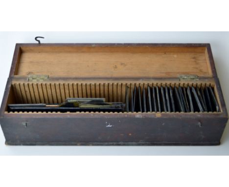 QUANTITY OF VARIOUS OLD MAGIC LANTERN SLIDES INCLUDING COLOURED SLIDES WITH MAHOGANY BOX