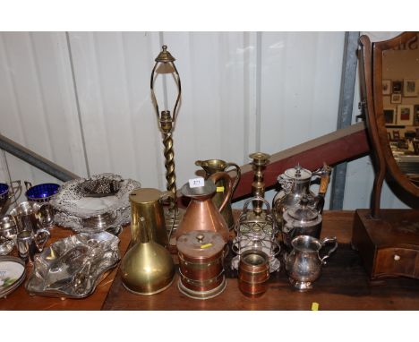 A quantity of copper and silver plated ware to include funnel, jar and cover, spiral twist column table lamp, candlestick, Ch