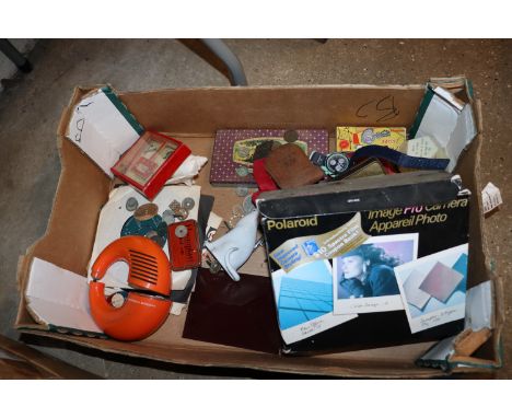 A box containing Polaroid camera; various tins; costume jewellery etc. 
