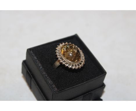 A large vintage Sterling silver and crackle quartz set ring, ring size N/O