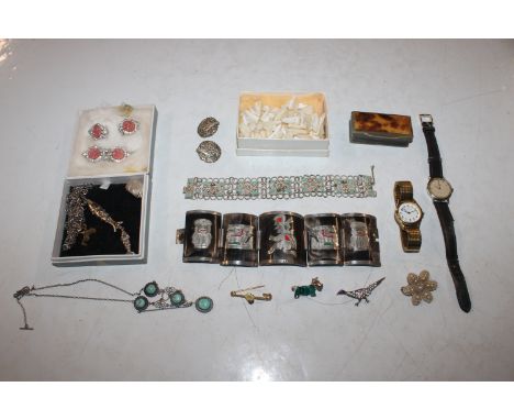 A box containing filigree work bangle, a horn and white metal mounted bangle, a ladies Omega de Ville quartz wrist watch, var