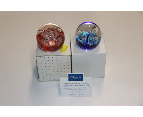 Two Caithness miniature "Moon Flower" paperweights 
