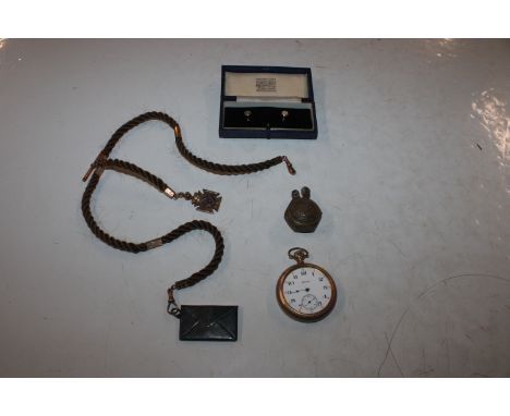 A pair of 9ct gold and mother of pearl studs, approx. 2.2gms; a hair and 9ct gold mounted watch chain; a Sterling silver stam