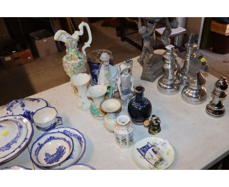 A Wedgwood jasperware silver plated biscuit barrel; a floral encrusted ewer; two Lladro figures (one AF); a Studio Pottery va