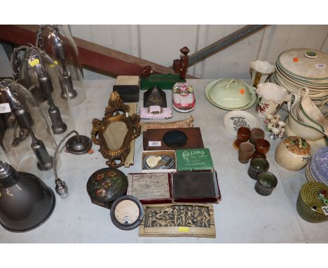 A quantity of photographic plates; Magic Lantern slides; a novelty money bank; a floral decorated jar and cover; Elliott Gaug