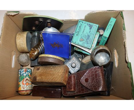 A box of mixed items including table lighters, inkwells, advertising packaging, Rolls razor etc.