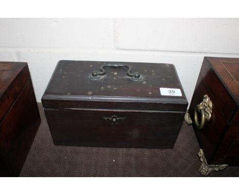 An antique mahogany tea caddy converted to a trinket box, having swing handle to the lid 