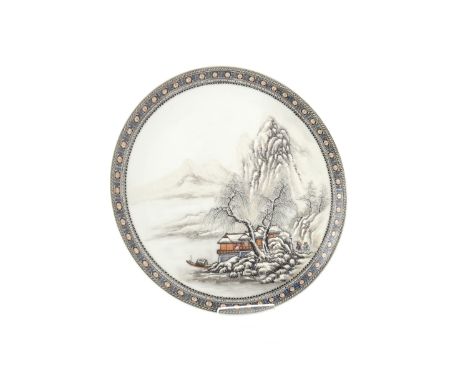 EARLY 20TH CENTURY CHINESE CIRCULAR PLATEdecorated with a winter scene of figures and pavillions by a lake, red seal mark to 