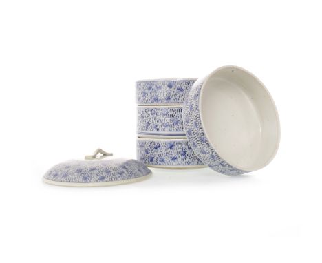 20TH CENTURY CHINESE BLUE AND WHITE CERAMIC FOUR TIER FOOD BOXalong with two Chinese blue and white tea pots and another smal