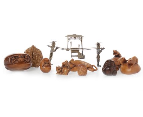 COLLECTION OF 20TH CENTURY JAPANESE CARVED WOOD NETSUKEincluding rats on a toadstool, cat and mouse, owl, and figural example