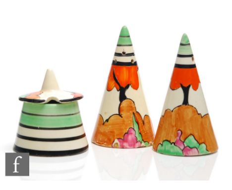 A Clarice Cliff Conical shape cruet set circa 1933, comprising mustard and salt and pepper, hand painted with a stylised tree