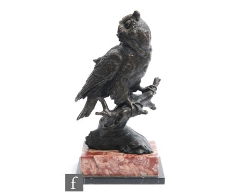 A 20th Century bronze study after&nbsp;Miguel Fernando Lopez (Milo), depicting an owl sitting on a branch, mounted on a stepp